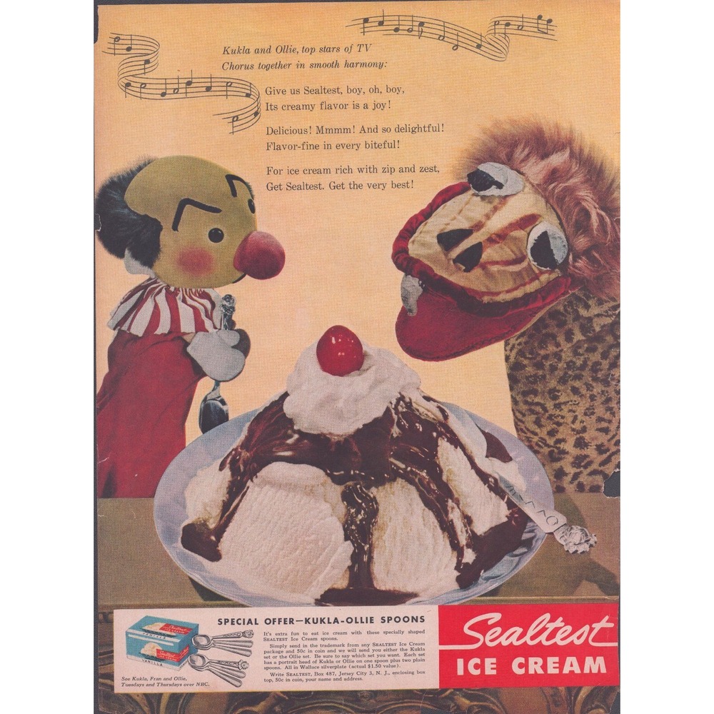 Vintage 1950s Sealtest Ice Cream Print Ad Kukla and Ollie Puppet TV Show 10x14